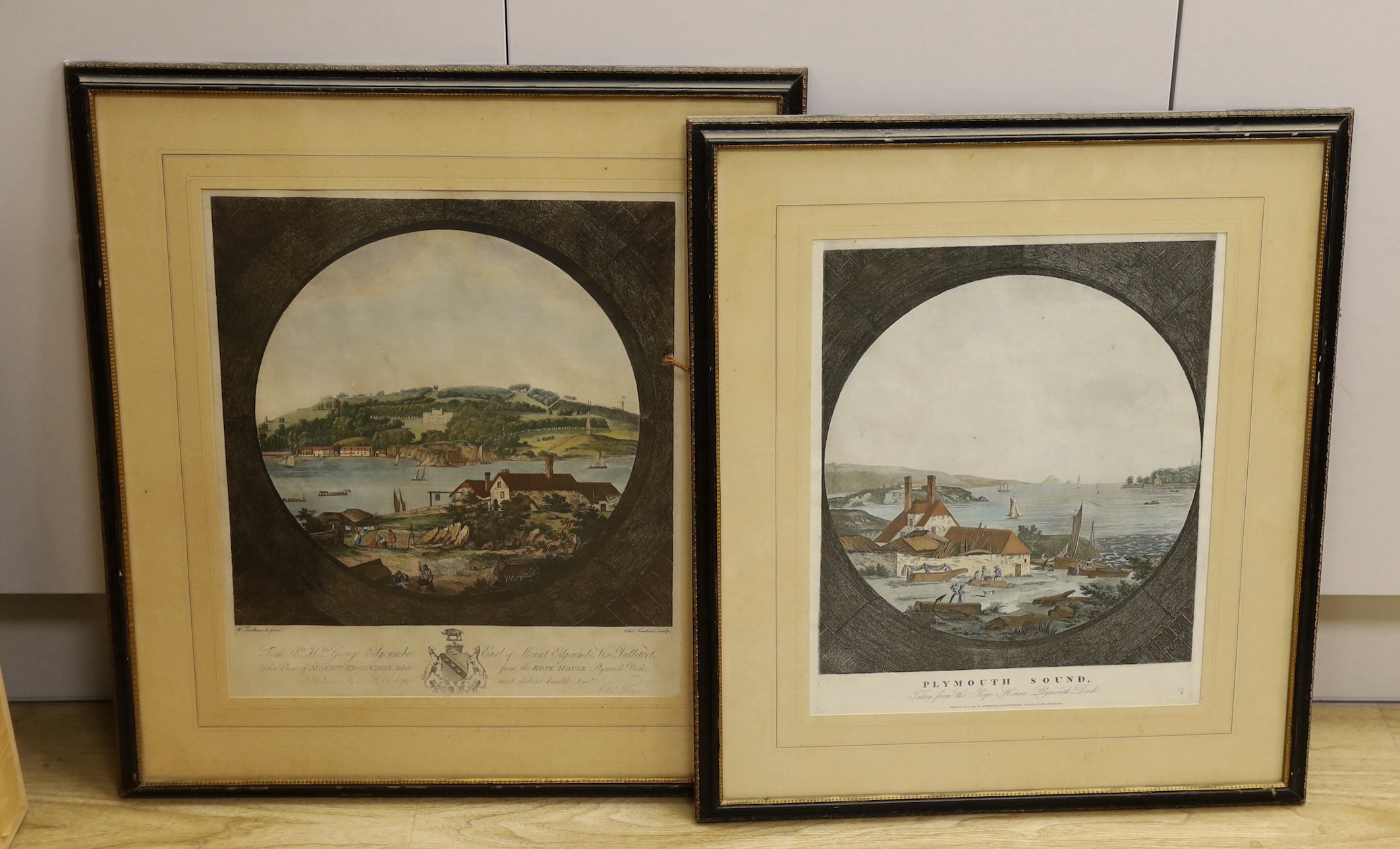 W. Tomkins, coloured engraving, View of Mount Edgcumbe from The Rope House, Plymouth Dock, 32 x 36cm and a reprinted engraving of Plymouth Sound, 39 x 32cm